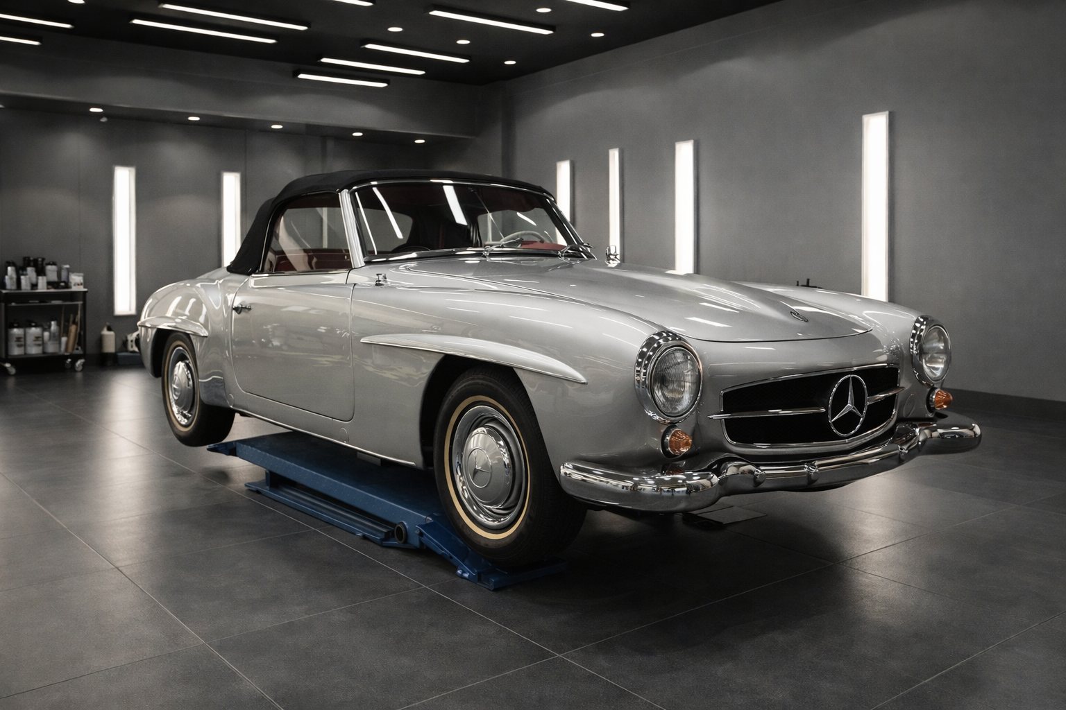 Mercedes 190 SL auf der Hebebühne in der Halle der D-Garage