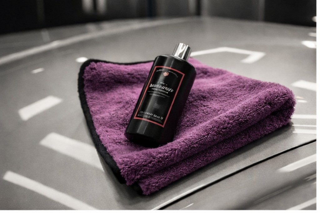 Detailing Produkt und Mikrofasertuch auf Lackoberfläche