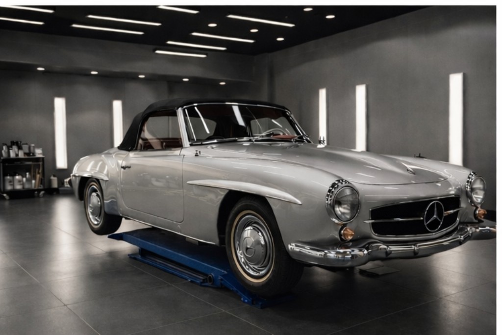 Klassischer Mercedes Cabrio in der Aufbereitungskabine – Seitenansicht