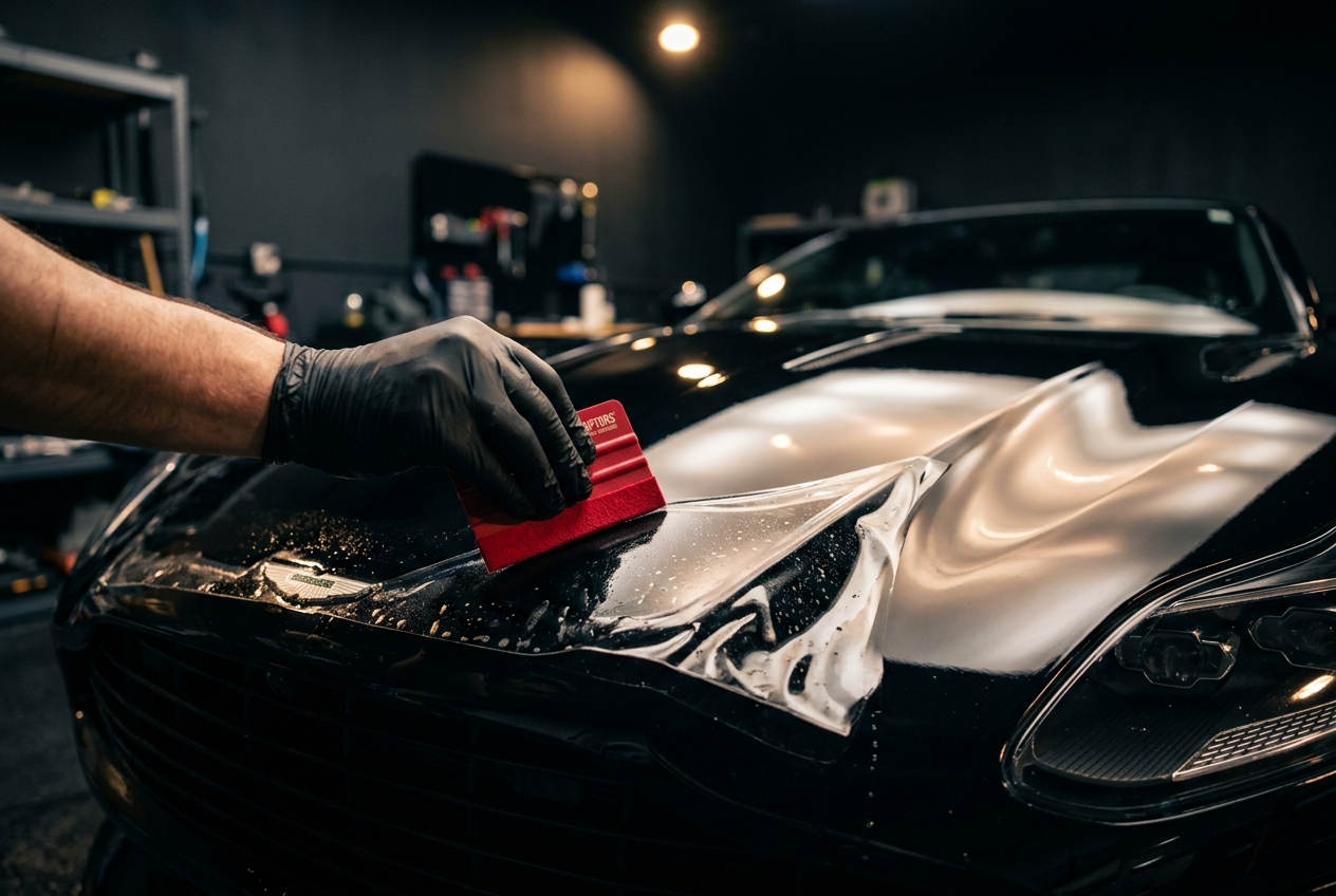 Schutzfolie wird mit Rakel auf einer Motorhaube angepasst
